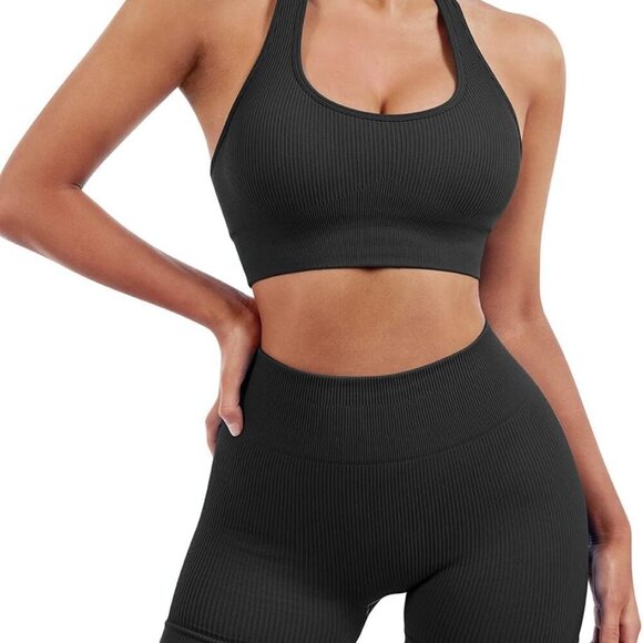 Women Seamless Ribbed Workout Set Backless Sports Bra Booty Biker Short - Picture 2 of 7